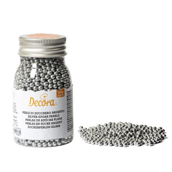 2081107-Decora-Silver-sugar-pearls-in-Bottle Decora поръски метално сребърни - 4 мм